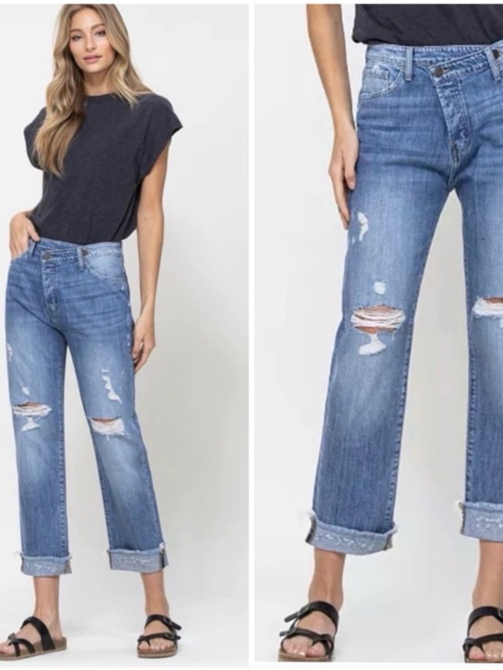 Flying Monkey Women's Blue High-Rise cuff  Jeans‎ asymmetrical button fly 27”